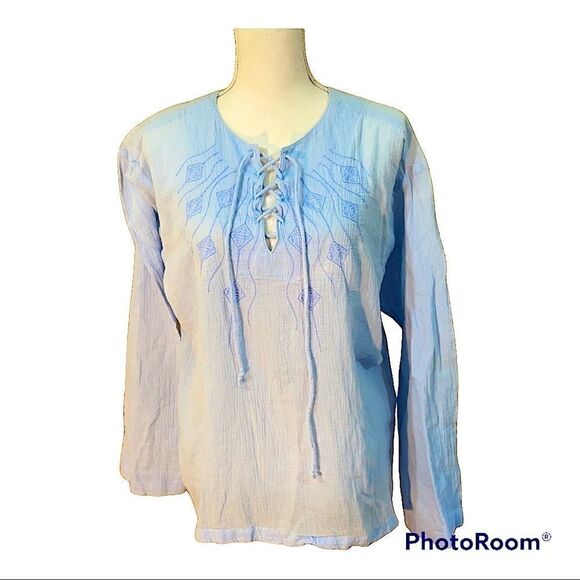Pale Blue Cheesecloth Boho Embroidered Peasant Blouse - Picture 2 of 9
